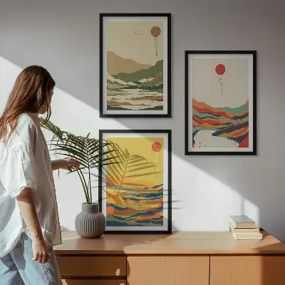 Fali dekorációs képszett japandi stílusú, színes hegyvidéki mintákkal