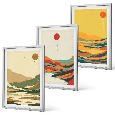 Fali dekorációs képszett japandi stílusú, színes hegyvidéki mintákkal