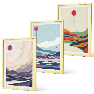 Keretezett kép szett hálószobába Japán hegyi absztrakciók