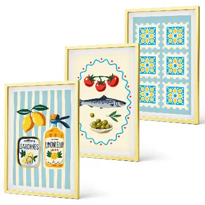 Fali dekoráció képkészlet mediterrán stílusú konyhai illusztrációkkal