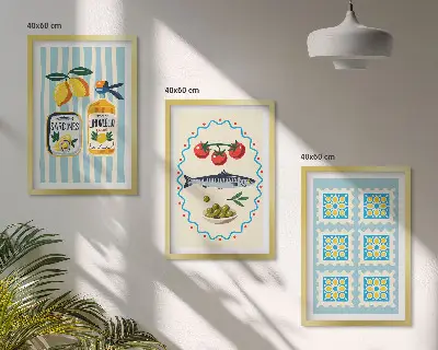 Fali dekoráció képkészlet mediterrán stílusú konyhai illusztrációkkal