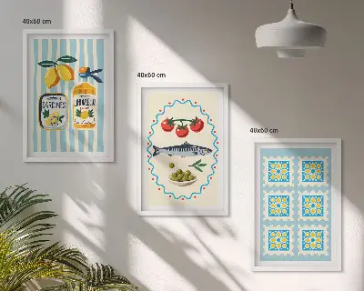 Fali dekoráció képkészlet mediterrán stílusú konyhai illusztrációkkal