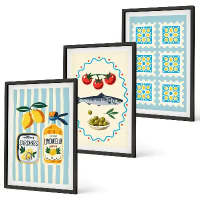 Fali dekoráció képkészlet mediterrán stílusú konyhai illusztrációkkal