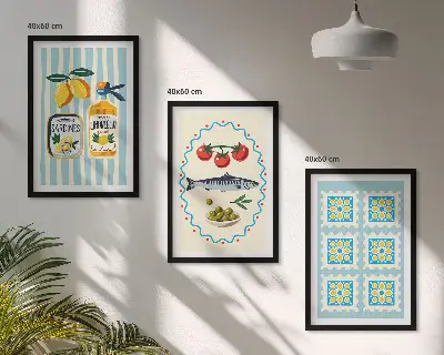 Fali dekoráció képkészlet mediterrán stílusú konyhai illusztrációkkal