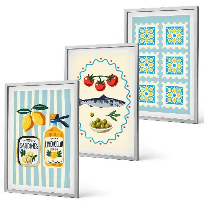 Fali dekoráció képkészlet mediterrán stílusú konyhai illusztrációkkal