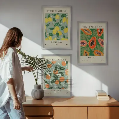 Keretezett képszett hálószobába gyümölcsös plakátok citrom és papaya mintával