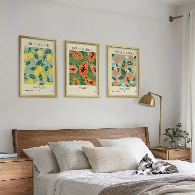 Keretezett képszett hálószobába gyümölcsös plakátok citrom és papaya mintával