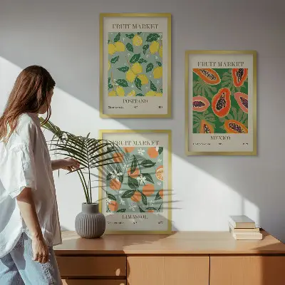 Keretezett képszett hálószobába gyümölcsös plakátok citrom és papaya mintával