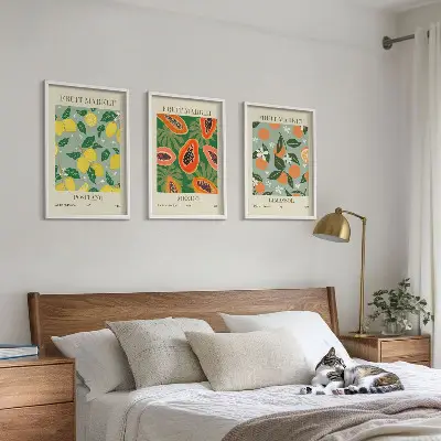 Keretezett képszett hálószobába gyümölcsös plakátok citrom és papaya mintával