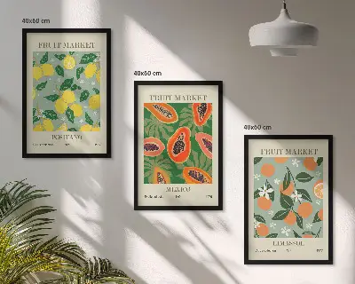 Keretezett képszett hálószobába gyümölcsös plakátok citrom és papaya mintával
