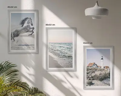 Keretezett kép szett hálószobába lovak, strand, világítótorony és hullámok mintával