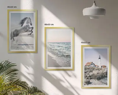 Keretezett kép szett hálószobába lovak, strand, világítótorony és hullámok mintával