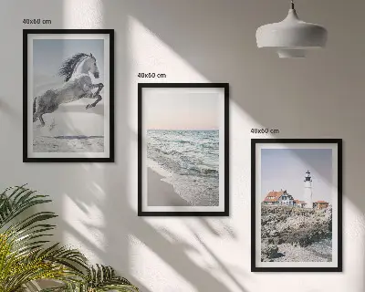 Keretezett kép szett hálószobába lovak, strand, világítótorony és hullámok mintával