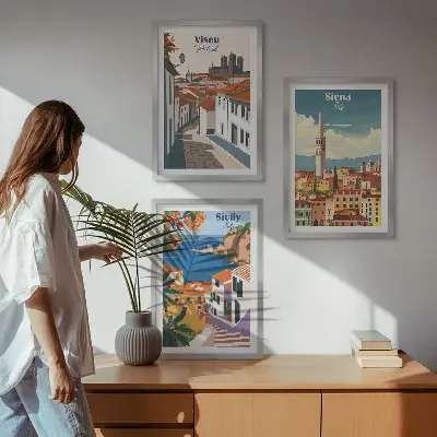 Keretezett képszett hálószobába retro stílusú illusztrációk világvárosokról