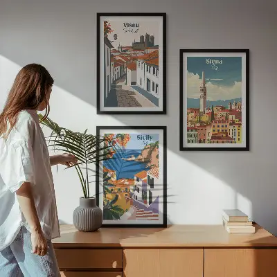 Keretezett képszett hálószobába retro stílusú illusztrációk világvárosokról