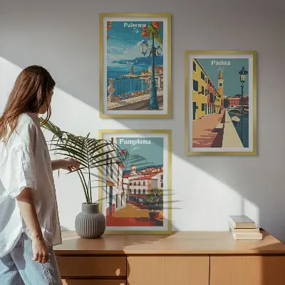 Retro városillusztrációk keretezett képszett hálószobába