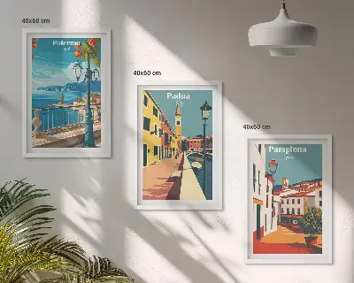 Retro városillusztrációk keretezett képszett hálószobába