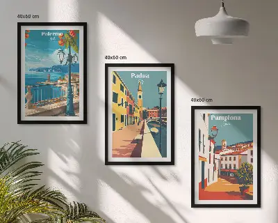 Retro városillusztrációk keretezett képszett hálószobába