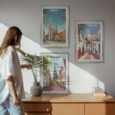 Fali dekorációs képszett európai városokat ábrázoló színes rajzok