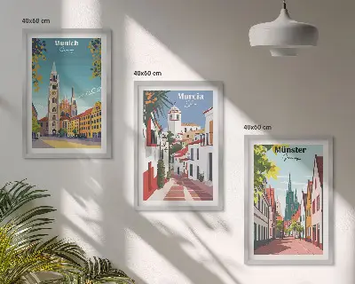 Fali dekorációs képszett európai városokat ábrázoló színes rajzok