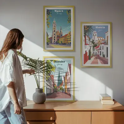 Fali dekorációs képszett európai városokat ábrázoló színes rajzok