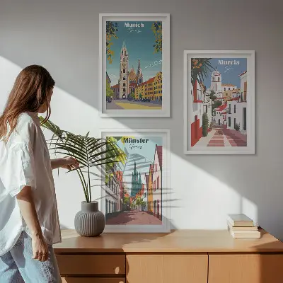 Fali dekorációs képszett európai városokat ábrázoló színes rajzok