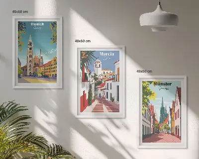Fali dekorációs képszett európai városokat ábrázoló színes rajzok