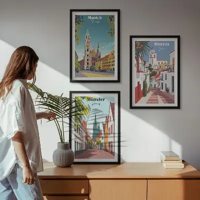 Fali dekorációs képszett európai városokat ábrázoló színes rajzok