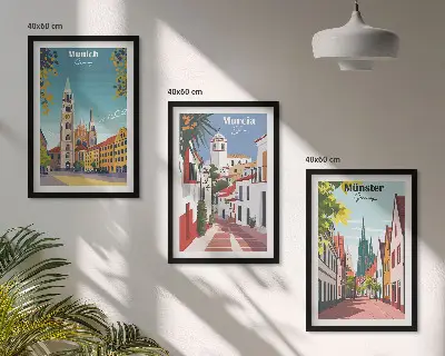 Fali dekorációs képszett európai városokat ábrázoló színes rajzok