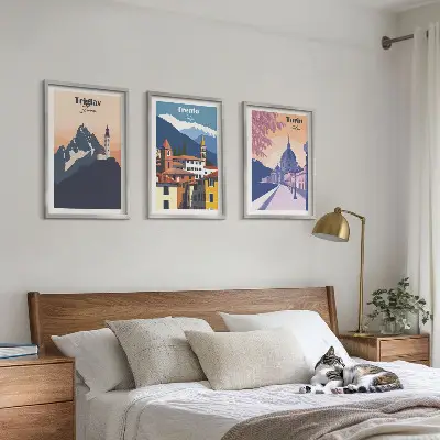 Hegyek építészete retro illusztrációk fali dekoráció kép készlet