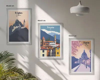 Hegyek építészete retro illusztrációk fali dekoráció kép készlet