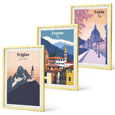 Hegyek építészete retro illusztrációk fali dekoráció kép készlet