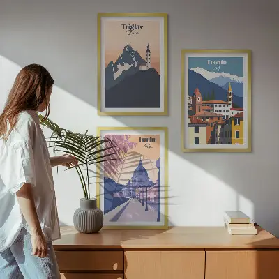 Hegyek építészete retro illusztrációk fali dekoráció kép készlet