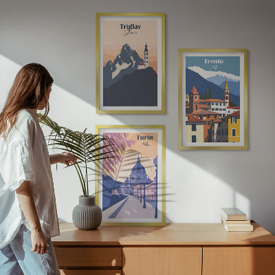 Fali dekoráció kép készlet Hegyek építészete retro illusztrációk