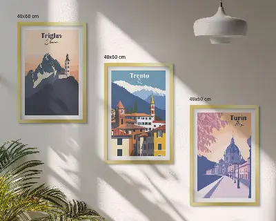 Hegyek építészete retro illusztrációk fali dekoráció kép készlet