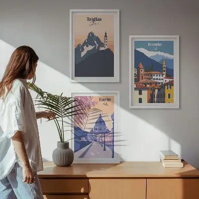 Hegyek építészete retro illusztrációk fali dekoráció kép készlet