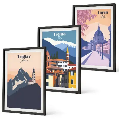 Hegyek építészete retro illusztrációk fali dekoráció kép készlet