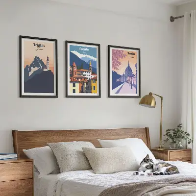 Hegyek építészete retro illusztrációk fali dekoráció kép készlet