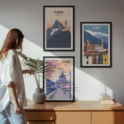 Hegyek építészete retro illusztrációk fali dekoráció kép készlet