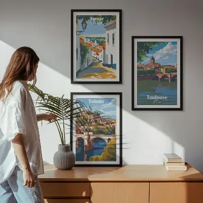 Retro városi grafika keretezett kép szett hálószobába