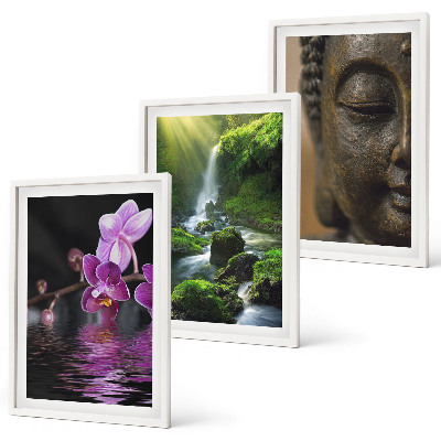 Keretezett kép szett hálószobába Virágok vízesés Buddha szikla Zen