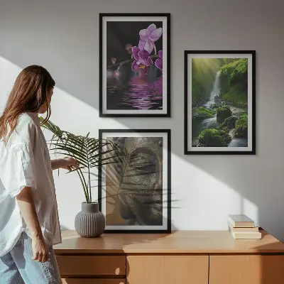 Keretezett képszett hálószobába virágok, vízesés, Buddha és zen szikla mintával
