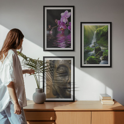 Keretezett kép szett hálószobába Virágok vízesés Buddha szikla Zen