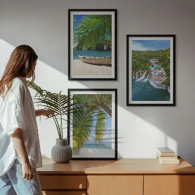 Keretezett képszett hálószobába strand, hajó, vízesések és pálmafák mintával