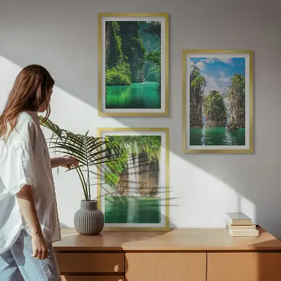 Zöld tájak és vízesések keretezett képszett hálószobába