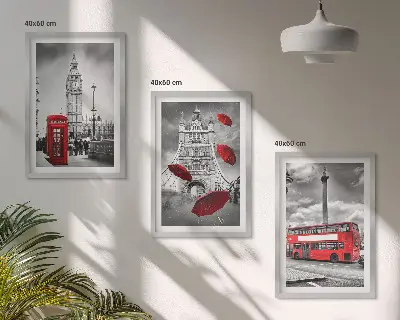 Keretezett képszett hálószobába piros esernyőfülkével és londoni busszal