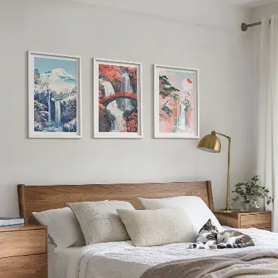 Vízesés, hegyek, híd és fák mintájú keretezett képszett hálószobába