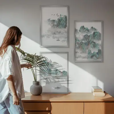 Fali dekorációs képkészlet hegyek, felhők, madarak és hajó mintával, japandi stílusban