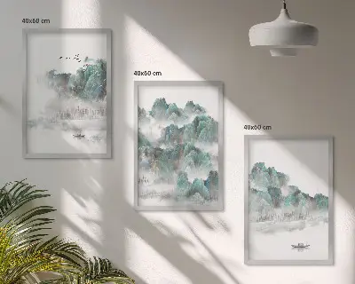 Fali dekorációs képkészlet hegyek, felhők, madarak és hajó mintával, japandi stílusban