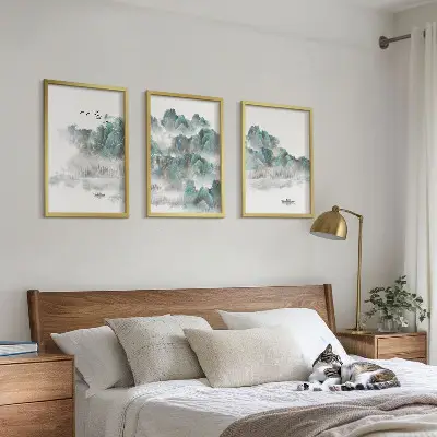 Fali dekorációs képkészlet hegyek, felhők, madarak és hajó mintával, japandi stílusban
